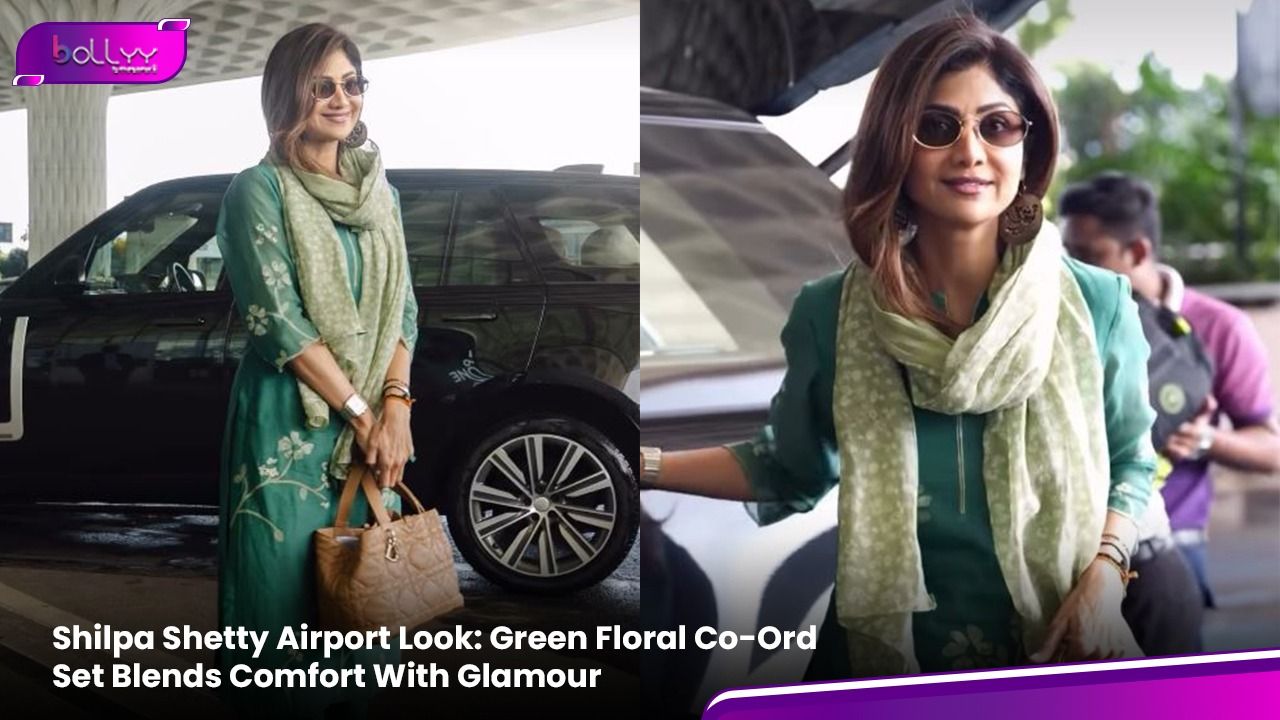 co-ord hijau floral - ilustrasi berita Shilpa Shetty: Co-ord Hijau Floral Santai & Elegan di Bandara